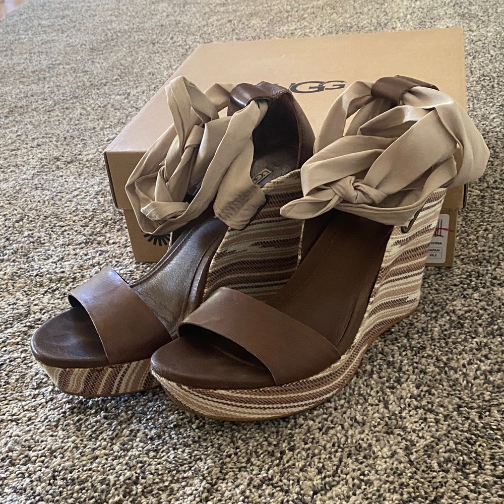 UGG Brown and Tan Wedge Sandals with Ribbon Accent